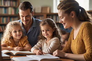 A family enjoys reading together in a library.