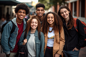 Happy high school students in the school yard.