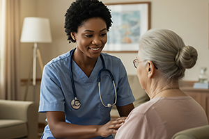 Nurse talking to senior woman at home.