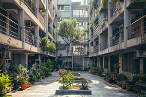 A courtyard with a tree in the middle and potted plants on the ground.