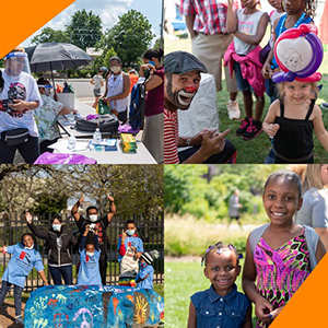 four photos of children doing activities in the neighborhood