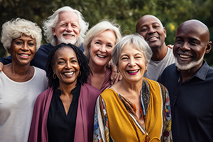 SeniorBenefits Happy group of seniors smiling at camera outdoors