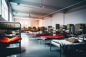 Rows of beds in a shelter.