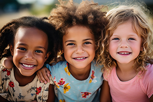 Three smiling kids standing together in the countryside.