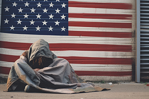 A homeless man lies on the ground on the streets of a large area covered with an American flag.